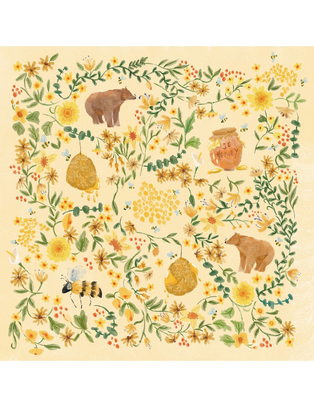 Baby Bites Honey Farm bamboo muslin swaddle blanket with bees, flowers and honeycomb illustrations