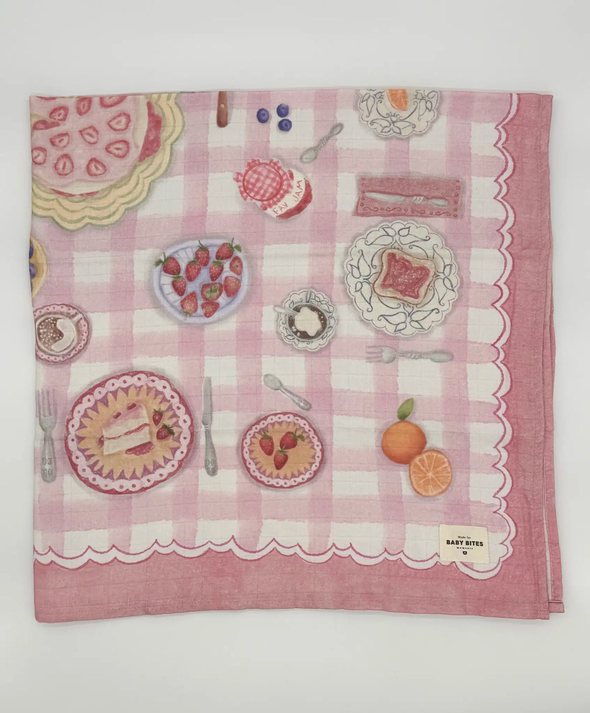 Baby Bites Strawberry House baby muslin with strawberry picnic pattern