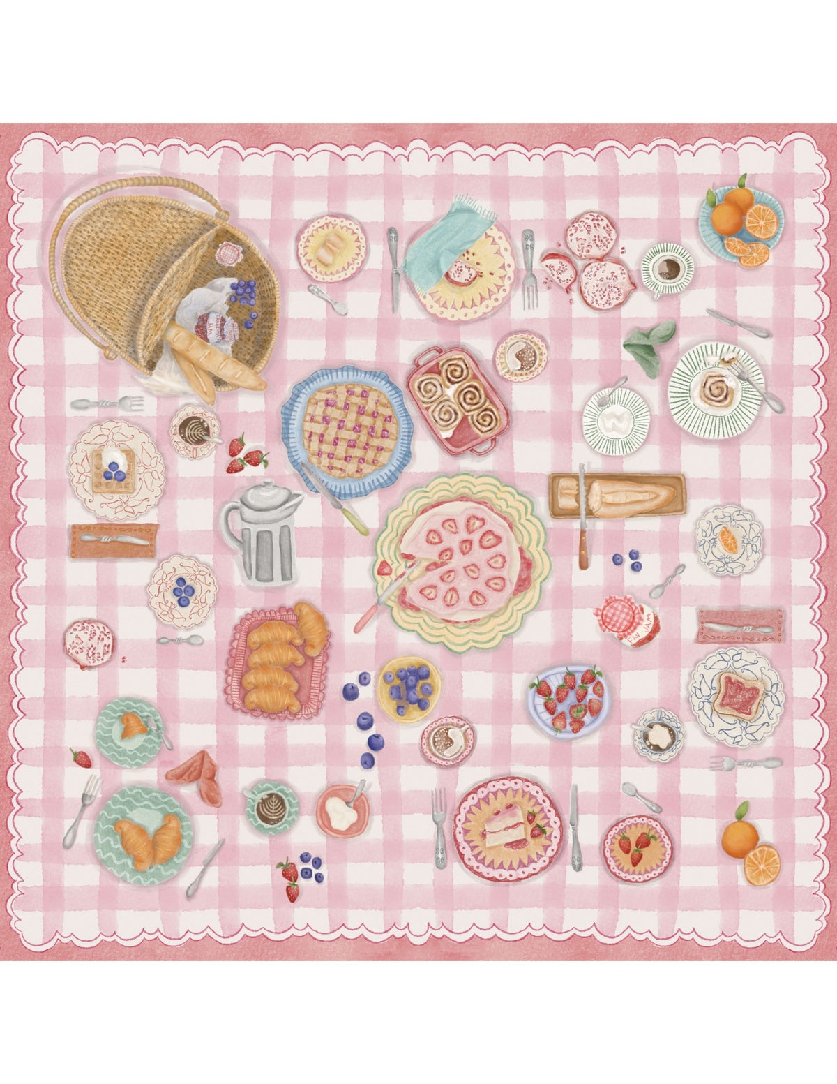 Baby Bites Strawberry House bamboo muslin with strawberries, pastries and picnic illustrations