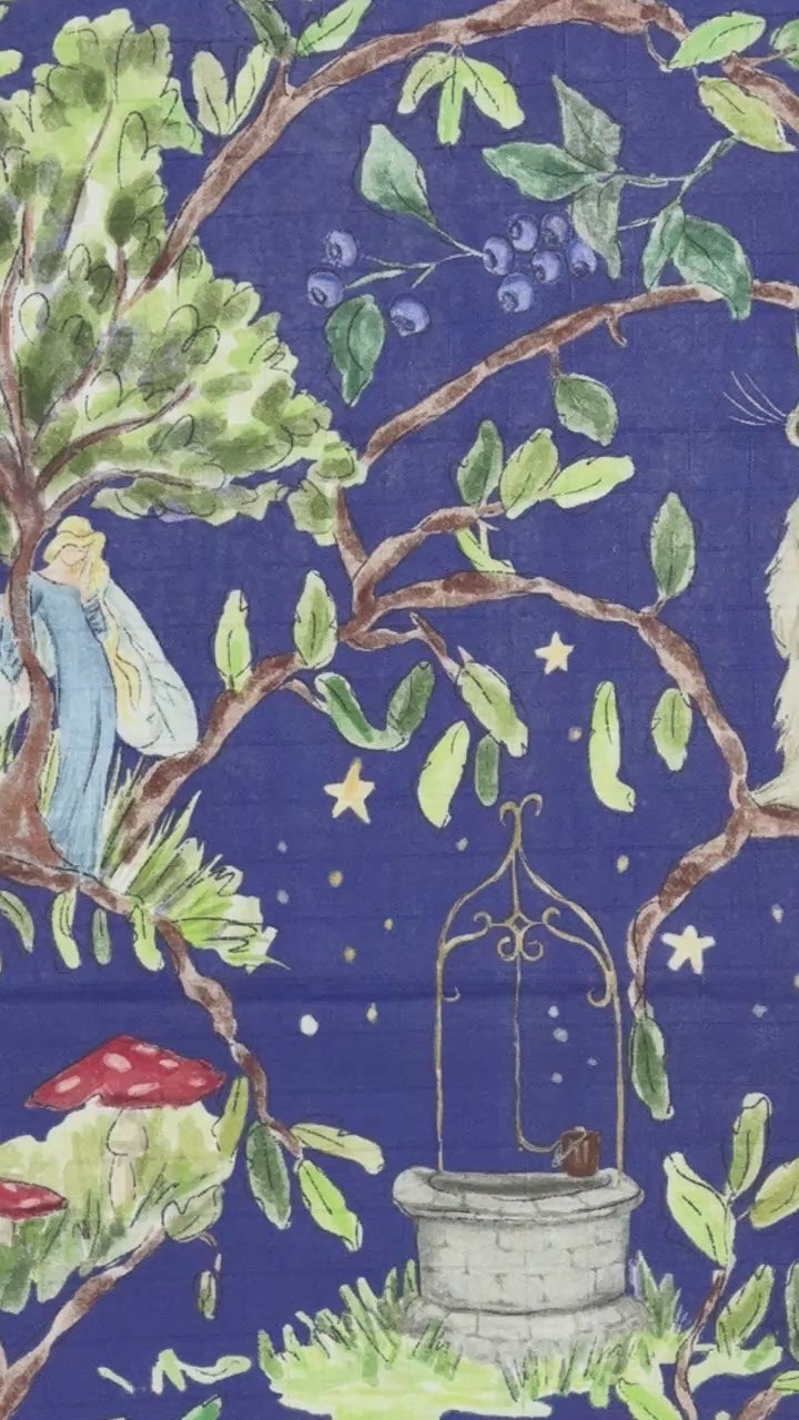 Video Baby Bites Blueberry Forest bamboo muslin with forest animals, trees and magical woodland illustrations
